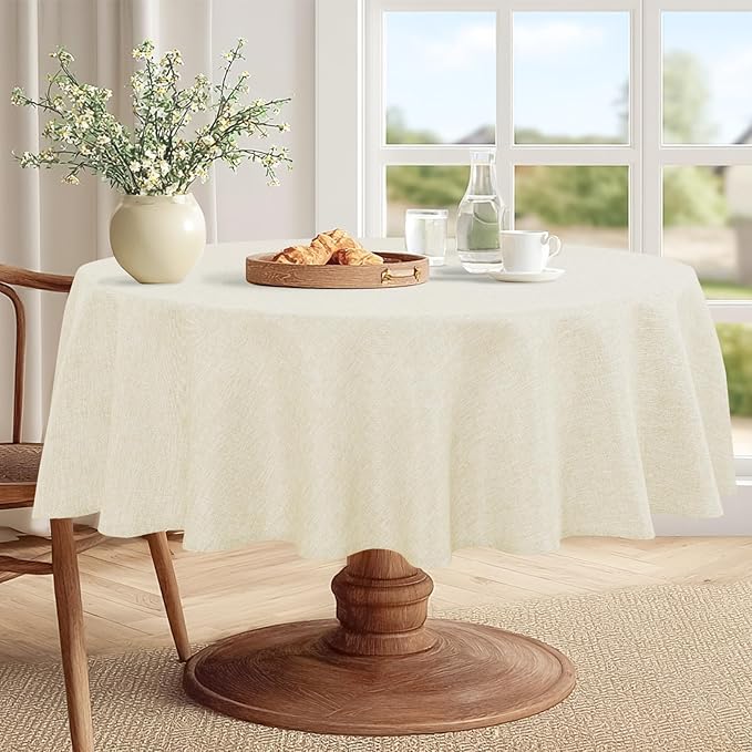 JIUZHEN Faux Linen Round Tablecloths 54 inch, Decorative Wrinkle Free Texture Rustic Circle Table Cloth Cover for Kitchen, Dining, Party, Wedding, Outdoor Use (54 Inch Round,Champagne)