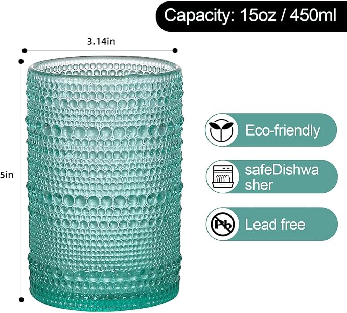 15oz Colored Hobnail Drinking Glasses Set of 6,Vintage Kitchen Glassware, Embossed Beaded Glass Cups,Water Tumbler for Cocktail,Juice and Various Mixed Drinks