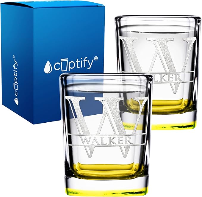 Personalized Glasses Set of 2 Initial and Name 2oz Yellow Bottom Etched Square Shot Glass Engraved with Custom Text Birthday Gift for Men and Women