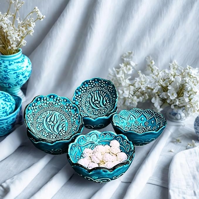 Handmade Decorative Turkish Ceramic Mini Pinch Bowls Set of 6 – Small Dipping & Serving Sauce Bowls, Green Charcuterie Accessories, Hand-Painted Floral Pattern Snack Dishes for Kitchen & Table Decor