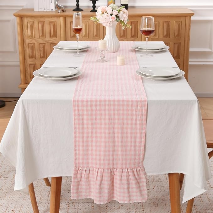 Peachy Blush White Plaid Gingham Ruffle Table Runner 72 inches Long 100% Washed by KMASANIJI