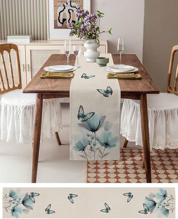 Turquoise Floral Table Runners 60 Inches Long, Spring Flowers Butterfly Table - Image 6