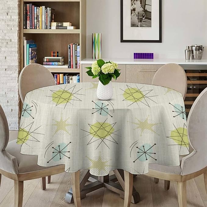 Mid Century Retro Round Tablecloth, Modern 1950s Style Abstract Geometric Vintage Print Tablecloth for Home Party Dining Room Kitchen Decor 60Inch(152cm)