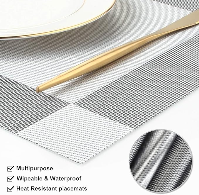 DACHUI Placemats Set of 8, Linen Look Woven Place Mats, Water Resistant, Heat Resistant, Washable, Durable Table Mats (Silver Grey)