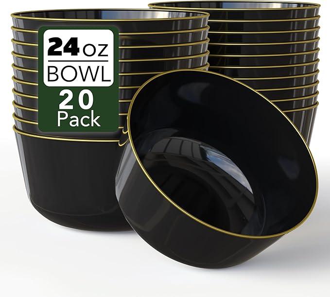 Trendables Plastic Bowls Disposable Bowls 24 Oz Bowl Set Of 20 Black Gold Rimmed Fancy Plastic Serving Dishes Perfect for Parties and Events Disposable Candy Bowl