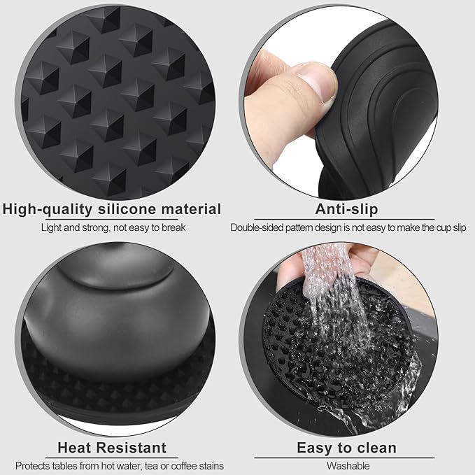 Eccliy 24 Pack Silicone Coasters for Drinks Nonslip Silicone Drink Coasters Cold Hot Heat Resistant for Table Tabletop Coffee Bar (Black)