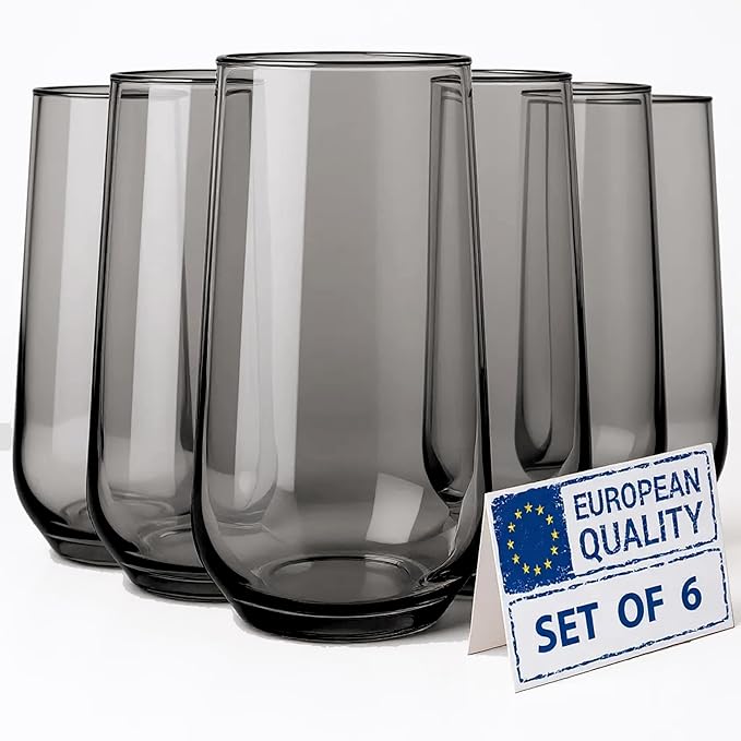 Gray Drinking Glasses Set of 6 | 16 oz Smoked Gray Glass Cups | Highball Drinkware for Cocktails, Long Drink, Water, Mojito, Juice, Soda