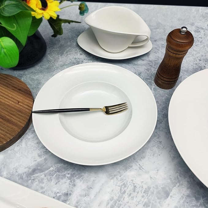 Pasta Plates with Rim 6.8 oz, Soup Bowl Pasta Bowl Set of 4, White Shallow Bowl Plate, Ceramic Wide Rimmed Soup Bowl, Best choice for high-end restaurants, hotels, and foodies, 9.2 Inch