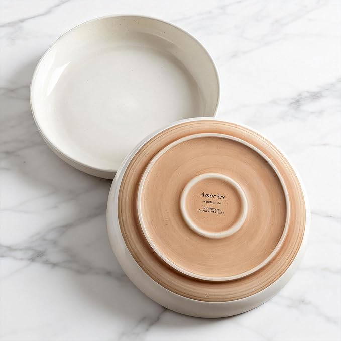 AmorArc 8.75'' Large Ceramic Pasta Bowls, 36oz Handpainted Stoneware Bowls Set of 4, Microwave&Dishwasher Safe Bowls with Wavy Rim&Rustic Terracotta Underside for Pasta Salad, Light Beige