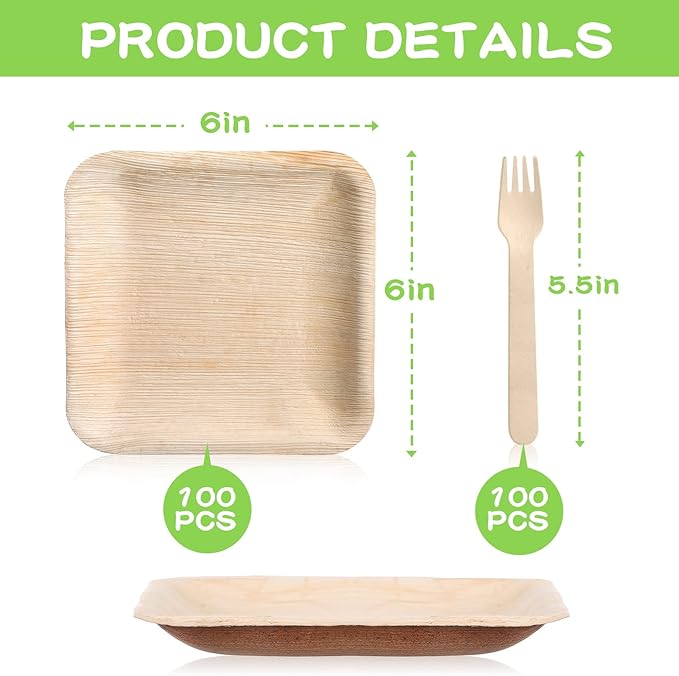 Irenare 200 Pcs Palm Leaf Plates and Wooden Forks Set, 6 Inch Bamboo Square Disposable Party Plates Compostable Tableware for Appetizers Wedding Picnic Dessert BBQ Camping Events