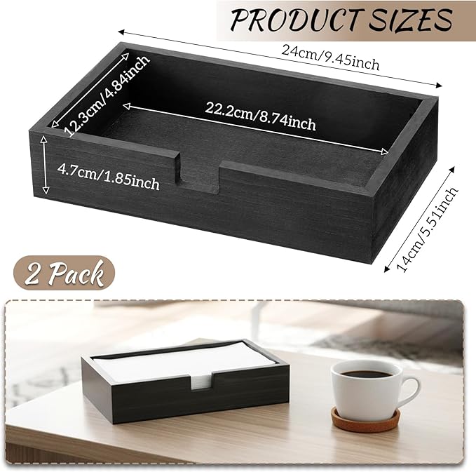 2 Pack Black Wooden Napkin Holder, Guest Towels Holder Flat Bathroom Napkin Tray Disposable Hand Towel Tray Cocktail Napkins Holders for Table Kitchen Counter Home Desk