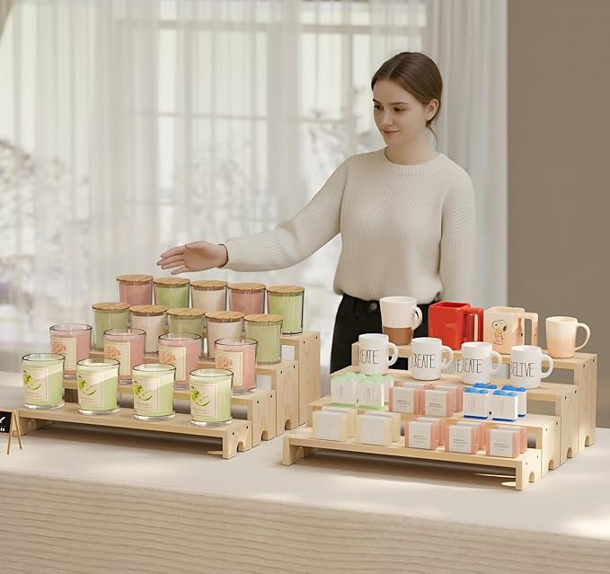 14 Inch Large Wooden Tiered Riser Display Stands, 2 Set Stackable Wooden Cupcake Stand Dessert Table Display Set,Tiered Shelf Organizer,Display Stands Shelf,Vendor Booth Display Items for Vendor Events（Natural Wood Color）