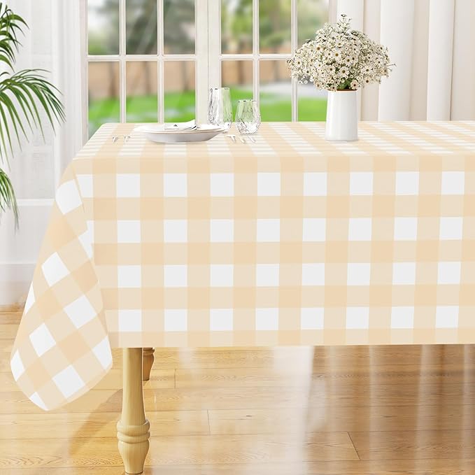 misaya Rectangle Waterproof Vinyl Table Cloth, Buffalo Flannel Backed Tablecloth, Wipeable Plastic Table Cover for Dinner, Kitchen, Outdoor (60" x 102", Beige and White)