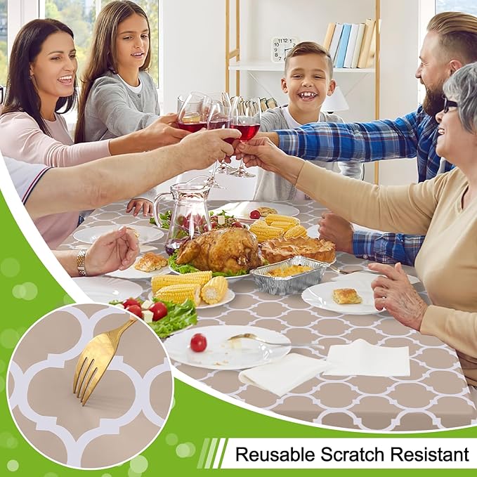 Smiry Rectangle Table Cloth, Waterproof Vinyl Tablecloths with Flannel Backing for Rectangle Tables, Wipeable Spillproof Plastic Tablecloth for Dining, Camping, Indoor and Outdoor (60"x102", Khaki)