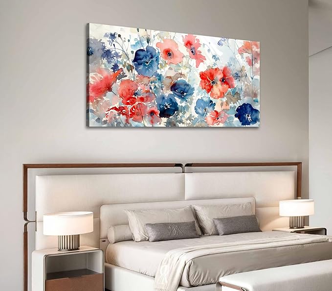 ADJUVANT Wall Art Watercolor Vibrant Floral 48"L x 24"W, Colorful Poppies With Soft Hues Canvas Painting Lively Blooms Artwork Delicate Tones Prints Wall Decor for Living Room Bedroom Bathroom Home Office
