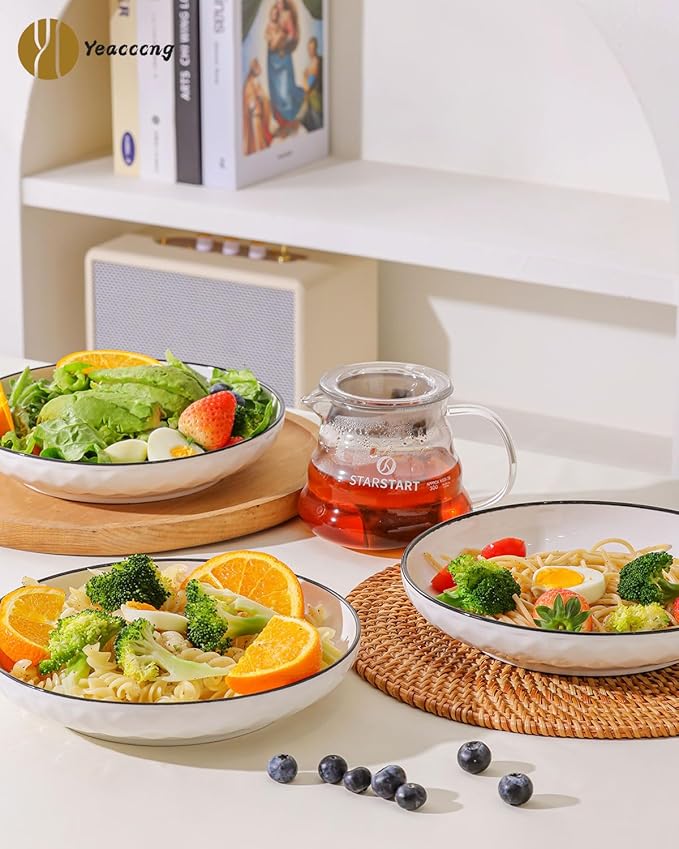Yeacccng White Pasta Bowls Set of 6, 24oz Ceramic Salad Bowls, 8 inch Shallow Serving Bowls for Pasta, Salad, Oatmeal, Fruit, Easy to Clean, Dishwasher & Microwave Safe, Scratch-Resistant, Lead-Free