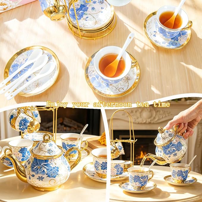 CHANJOON Gold Plated Red Rose Ceramic Tea Set, Vintage Tea Sets - Image 3