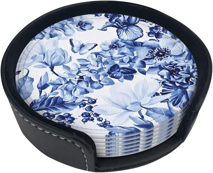 6 Pcs Blue and White Floral Leather Coasters - Image 2