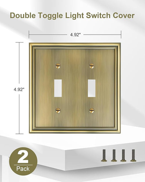 2-Pack Double Toggle Light Switch Cover Plate, Durable Solid Zinc Alloy Decorative Dual Switch Plate Covers, Antique Brass 2 Gang Wall Plate, Corrosion Resistant