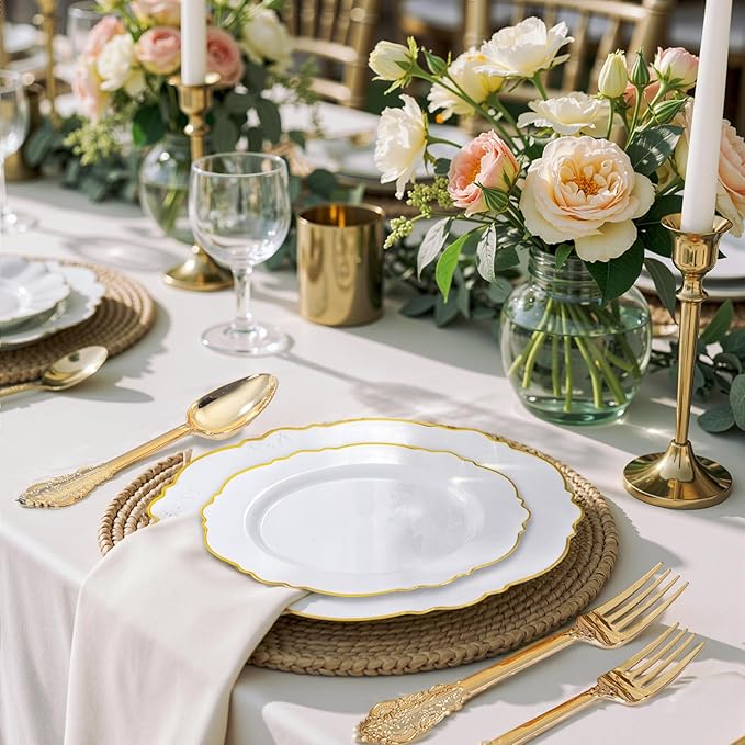 WDF 60pcs White and Gold Plastic Plates - Baroque White With Gold of 30 Heavy Duty Gold dinner plates 10.25inch, 30 Salad Plates 7.5inch Perfect for Weddings/Party/Birthday/Valentine's Days