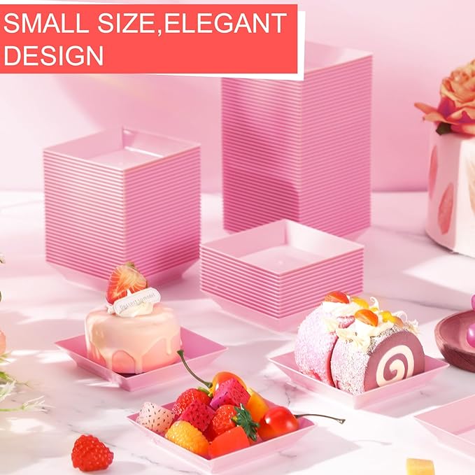 Zhehao 100 Pcs Plastic Dessert Appetizer Plates Disposable, 3.6 x 3.6 Inch Small Square Plastic Dessert Cake Plate for Party, Valentine's Day Wedding Birthday Bridal Baby Shower Supplies (Pink)