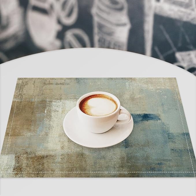 Gradient Placemat Set, Modern Minimal Fashion Abstract Beige Brown Blue Art Oil Painting Brush Strokes Patchwork Pattern Home Decor Linen Table Mats for Dining Room Kitchen Party (17x12in) x2P