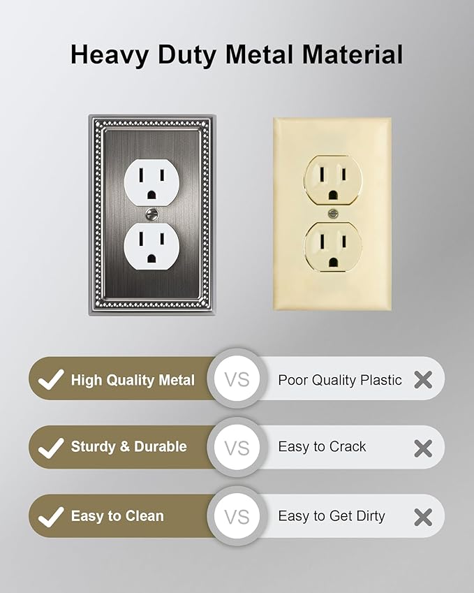 6-Pack Duplex Outlet Cover, Antique Silver Metal Wall Plates for Electrical Outlets, 1 Gang Receptacle Light Switch Cover, Pearls Beaded Decorative Switch Plates and Outlet Covers