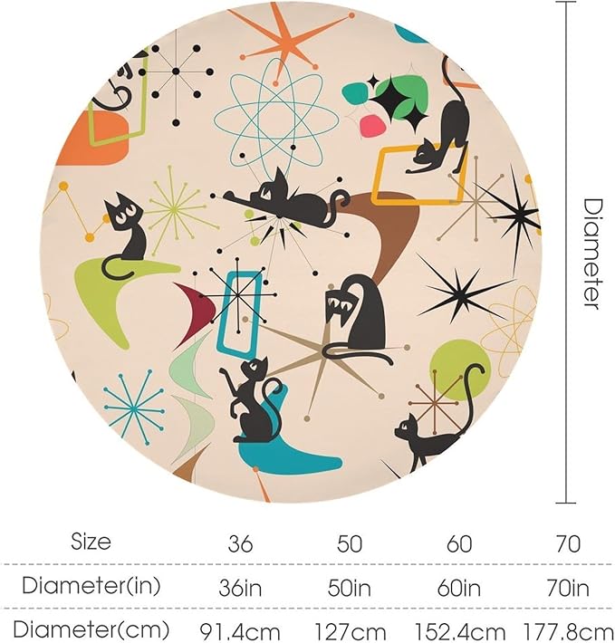 Mid Century Black Cat Round Tablecloth, Bohemian Modern Colorful Abstract Geometric Retro Art Bohemian Tablecloth for Home Party Dining Room Kitchen Decor 60Inch(152cm)