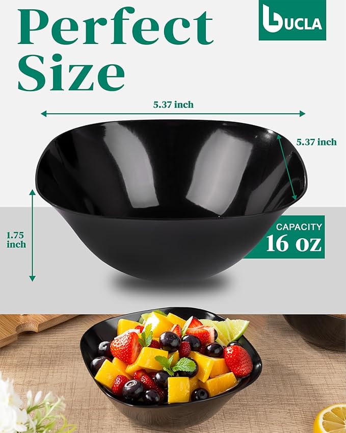 bUCLA 50Pack Black Plastic Serving Bowls - 16oz Disposable Serving Bowls for Dessert/Ice Cream/Salsa/Snack/Candy, Ideal for Party & New Year