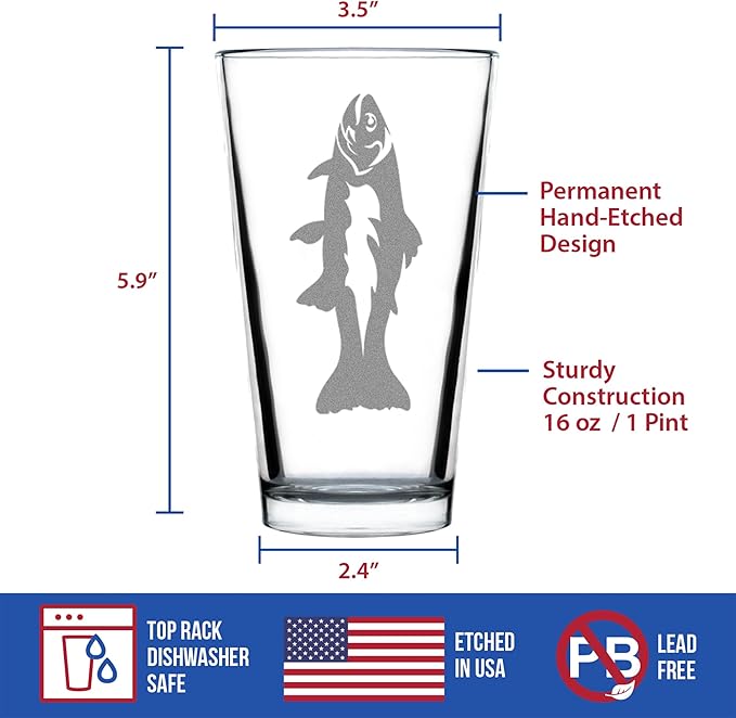 Custom Trout - Pint Glass for Beer - Trout Fishing Gifts for Fisherman - Fun Fish Cups & Lake House Decor - 16 oz