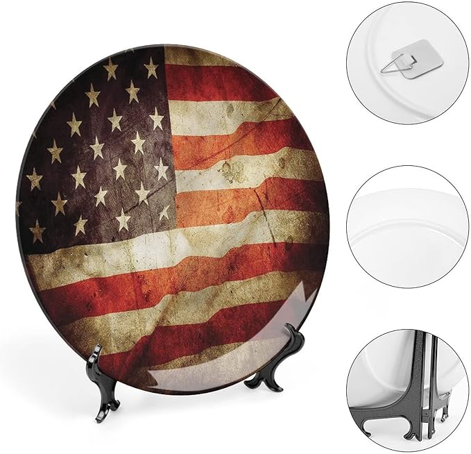 Decorative Plates, American Flag Print Ornament, Grunge Look Patriotic, 6 Inch, Kitchen Wall Decor, Multicolor