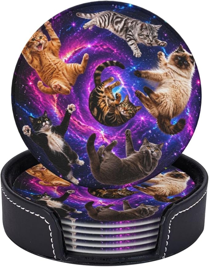 Cosmic Galaxy Cat Art Leather Coasters Set of 6 by NeuKim