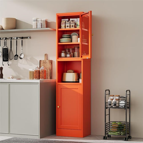 2-Door Metal Storage Cabinet, Tall Slim Pantry Organizer with 3 Adjustable Shelves (120LBS/Shelf), Anti-Tipping Waterproof Cabinet for Bathroom/Kitchen/Home Office/Small Spaces,(1PC,Orange)
