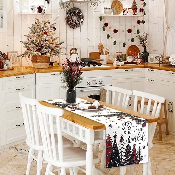 Christmas Winter Table Runner, Christmas Tree Ball Tabletop Runners Xmas Joy to - Image 4