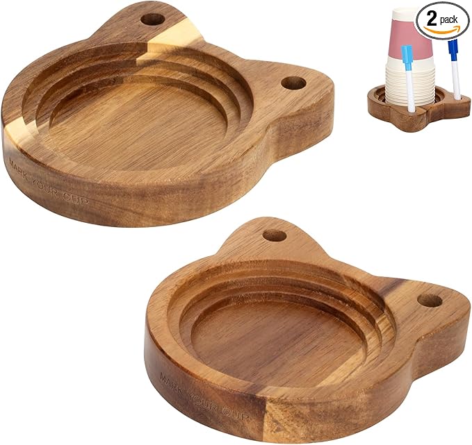 Cat Face Party Cup Holder, Scratch Resistant Drink Organizer with Marker Slots for Birthdays, Holiday Gatherings, Wooden Cup Stand Fit Variety of Disposable Cup Sizes for Kitchen Countertop, 2