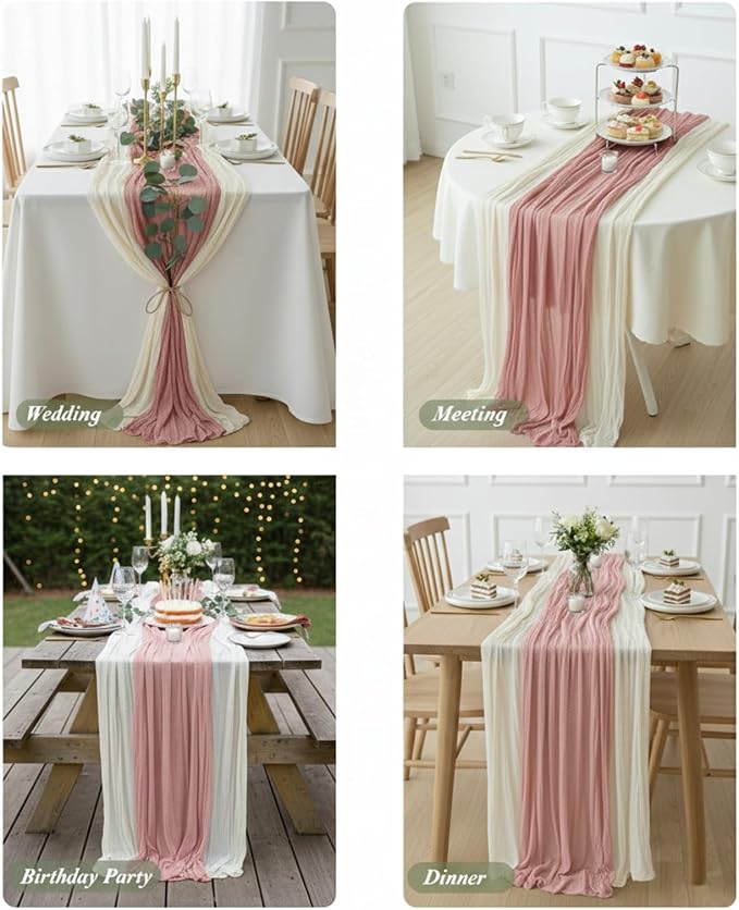 Cheesecloth Table Runner 2 Pack White and Dusty Pink, Boho Gauze Table Runner - Image 4
