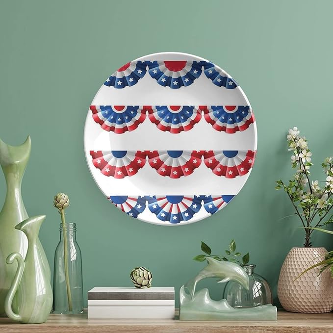 Decorative Plates, American Flag Decor Print Ornament, Flag Round Bunting Election Ornament Pattern, 10 Inch, 1 Plate with 1 Display Stand, Blue Red