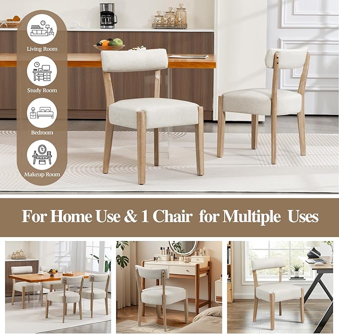 Modern Dining Chairs Set of 2 – Mid-Century Modern Faux Leather Upholstered Kitchen & Dining Room Chairs with Curved Back, Oversized Rounded Seat, Sturdy Wood Frame, Beige