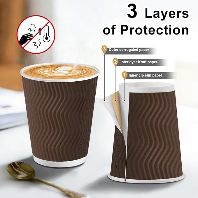 120 Pack 10 oz Coffee Cups, Disposable Corrugated Insulated Ripple Wall Paper Coffee Cups 12oz for Hot or Cold Drinks Office Home Cafe Party Travel (Brown)