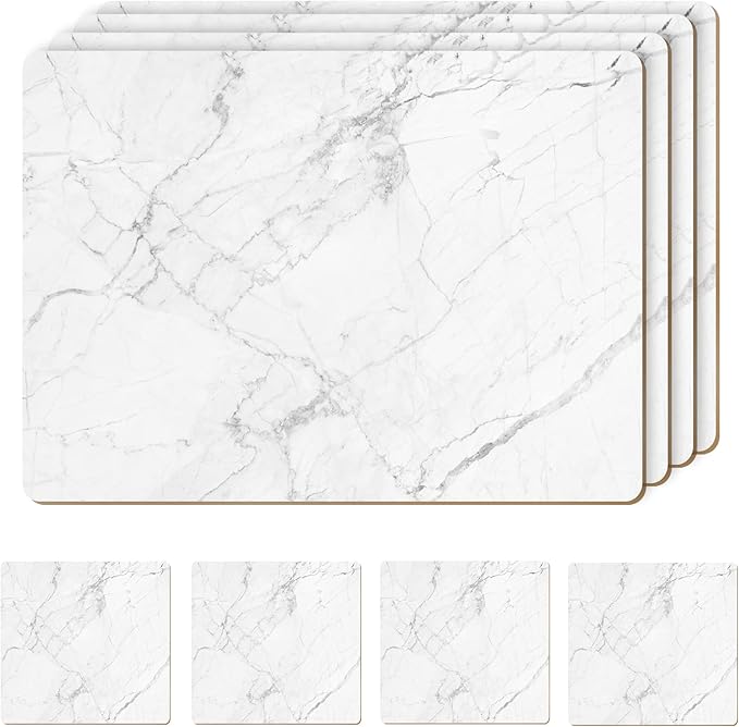 Set of 4 Heat Resistant Cork Placemats for Dining Table with Free Set of 4 Matching Drink Coasters Marble Design 16 x 12 Inches Cork Backed Hard Placemats (White Marble)