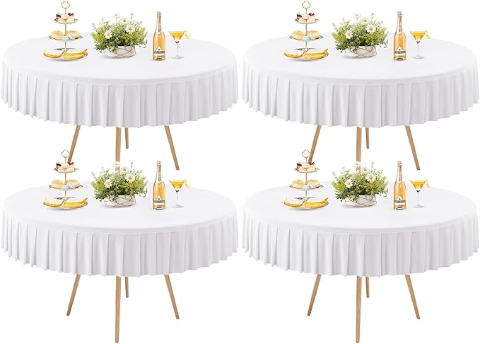 4 Pack White Spandex Round Tablecloths for 60 inch Tables, Stretchy Fitted 5FT Round Table Cloths, Wrinkle Free Table Cover with Skirt for Wedding Party Dining Banquet Baby Shower