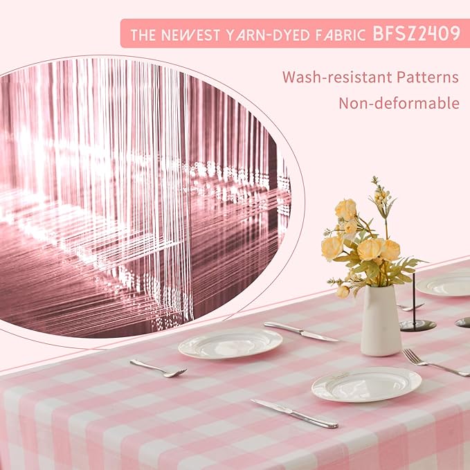 BALCONY & FALCON Rectangle Gingham Table Cloth – Water-Resistant Cotton Blend Washable Checkered Tablecloth for Valentine，Outdoor Picnic, Camping, Kitchen, Party Decor (Pink White, 55x71 Inch)