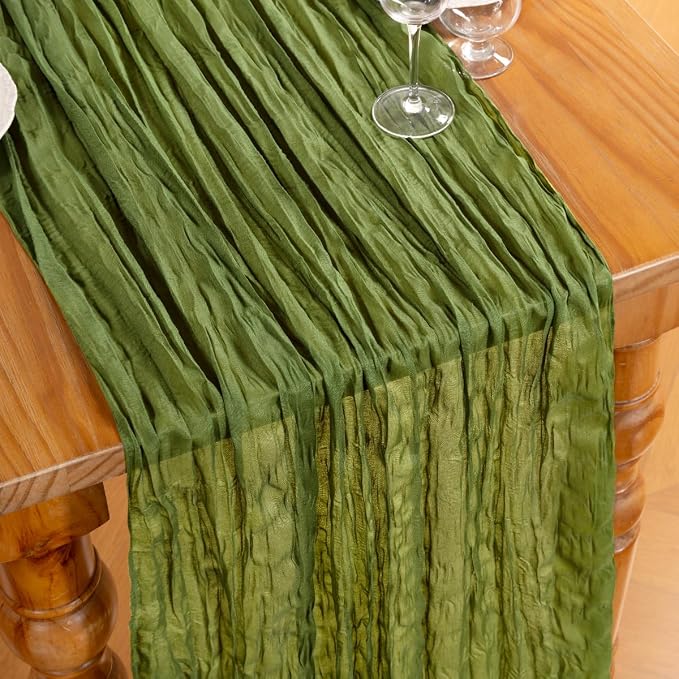 DeZerlor Olive Green Cheesecloth Table Runners 4 Pack Fall Runners | 120Inch - Image 2
