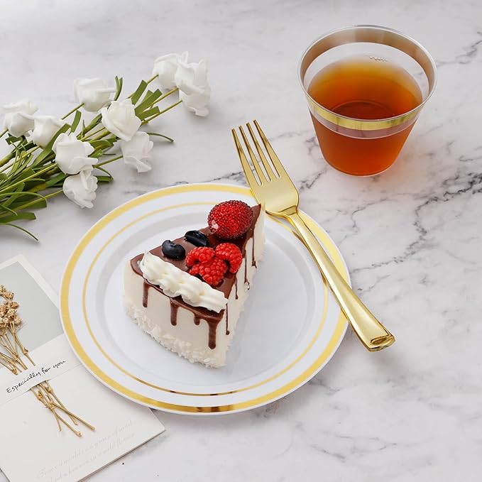 BESTVIP 300PCS Gold Plastic Plate Set (50 Guests), Plastic Plates for Party Wedding Birthday, Disposable Dinnerware Set of 100 Plates, 100 Forks, 50 Spoons, 50 Knives for Christmas