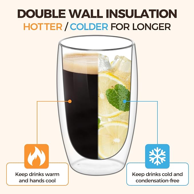 ComSaf 15oz Double Wall Glass Coffee Mugs, Insulated Latte Cups Set of 2 - Image 7