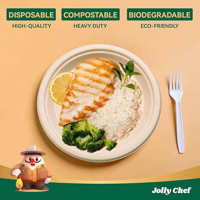 JOLLY CHEF Compostable Heavy Duty Plates 𝟳 𝗶𝗻𝗰𝗵 𝗮𝗻𝗱 𝟵 𝗶𝗻𝗰𝗵 [𝟭𝟮𝟬 𝗣𝗮𝗰𝗸] Eco-Friendly Disposable Paper Plates Bagasse Biodegradable Sugarcane for Party Hot Cold Foods Christmas(Brown)