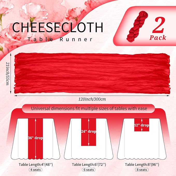 Showgeous 2 Pack Red Cheesecloth Table Runners Boho Wedding Decor | Rustic - Image 2