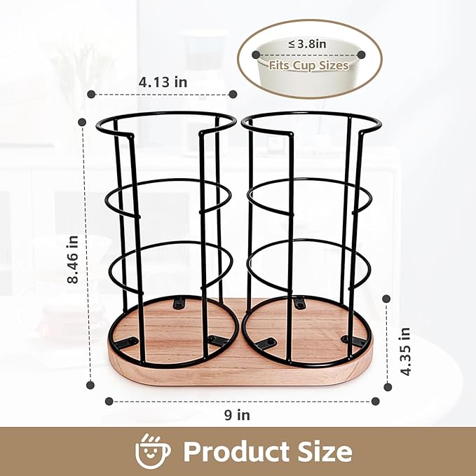 Metal 2-Compartment Coffee Cup Dispenser with Wood Base, Disposable Cup, and Lid Organizer for Countertop, Suitable for Gyms, Offices, Kitchens, Cafes（Black）
