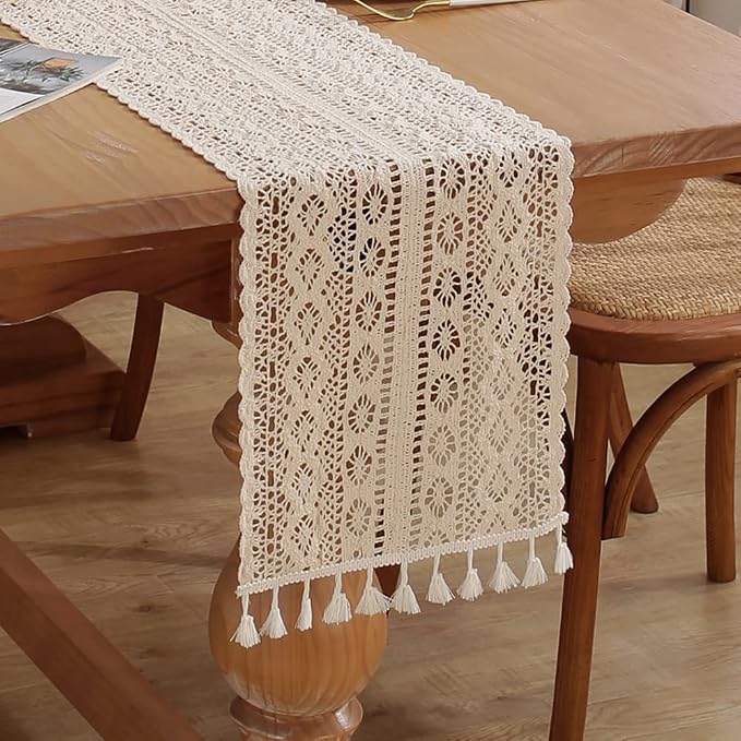 meioro Crochet Lace Table Runner, 12x86 Inch Boho Cotton Table Runners by meioro