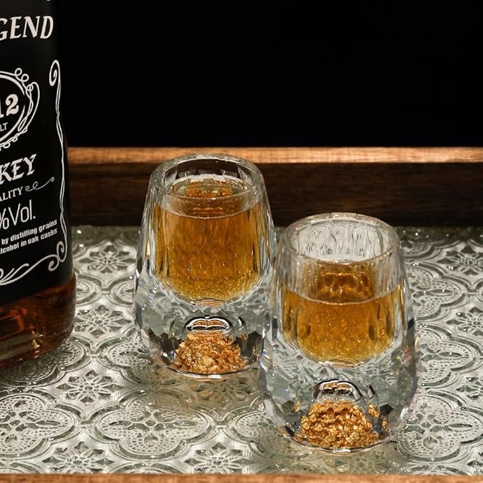 SIYOUKI Crystal Shot Glasses 0.5oz Set ，Decorated With 24K Gold Leaf Flakes, Lead-Free,Handmade Set Suitable For MaoTai,Spirits,Drinks Tastin, Gift-Box Packaging (Diamond-2PCS)